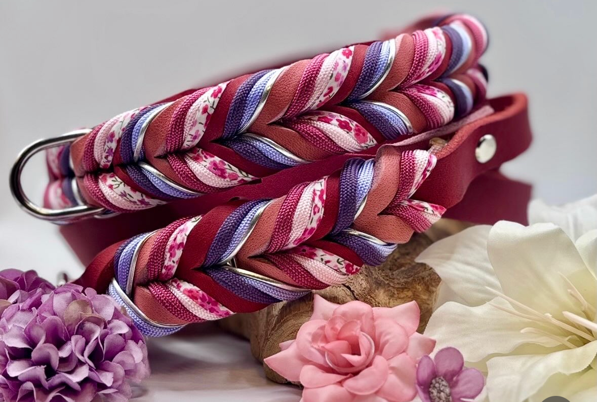 Lanoli Fettlederhalsband "rot rosa" mit Paracord - Silber