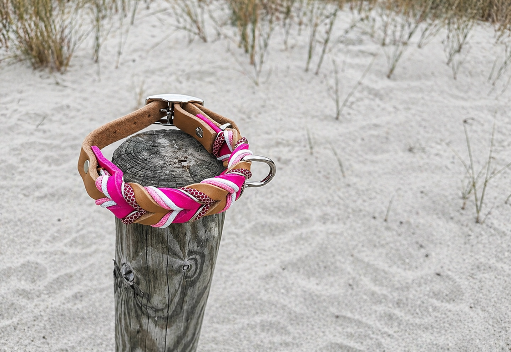 Lanoli Fettlederhalsband "Pink" mit Paracord - Silber