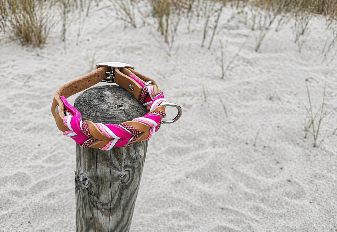 Lanoli Fettlederhalsband "Pink" mit Paracord - Silber