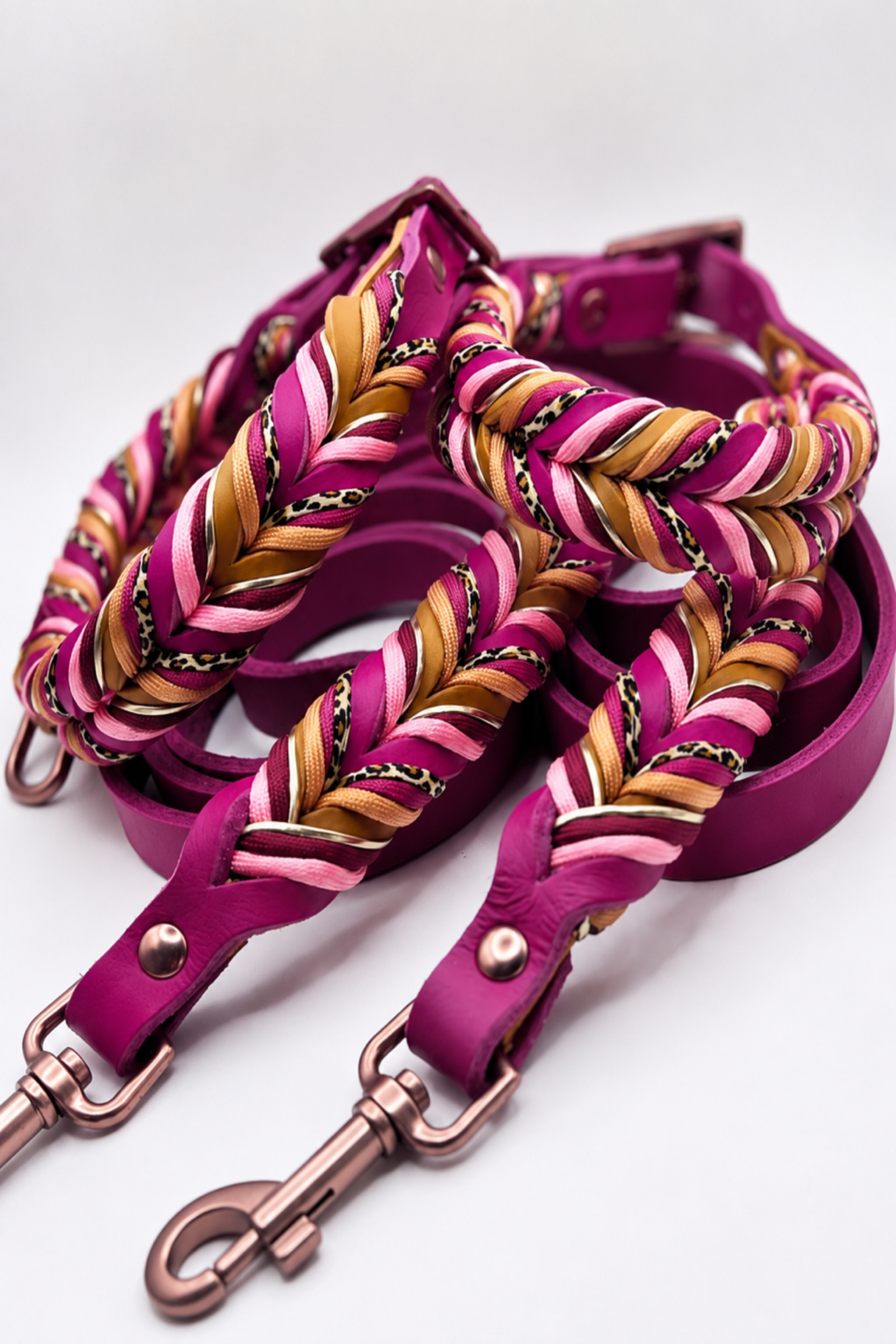 Lanoli Fettlederleine 2 Meter "Leobeere" mit Paracord - Altrosa